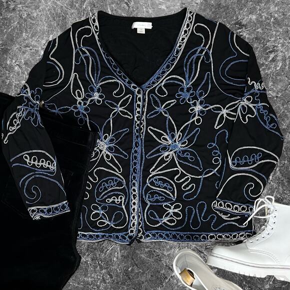 Art to Wear Embroidered Blue Black White Lightweight Jacket Size 1X cj Banks - Picture 1 of 7